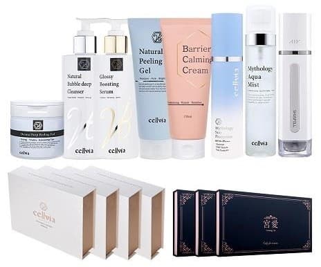 Cellvia-ийн бүтээгдэхүүнүүд: цэвэрлэгч, серум, пилинг гель, тос, мист, арчилгааны төхөөрөмж болон бэлгийн хайрцагнууд